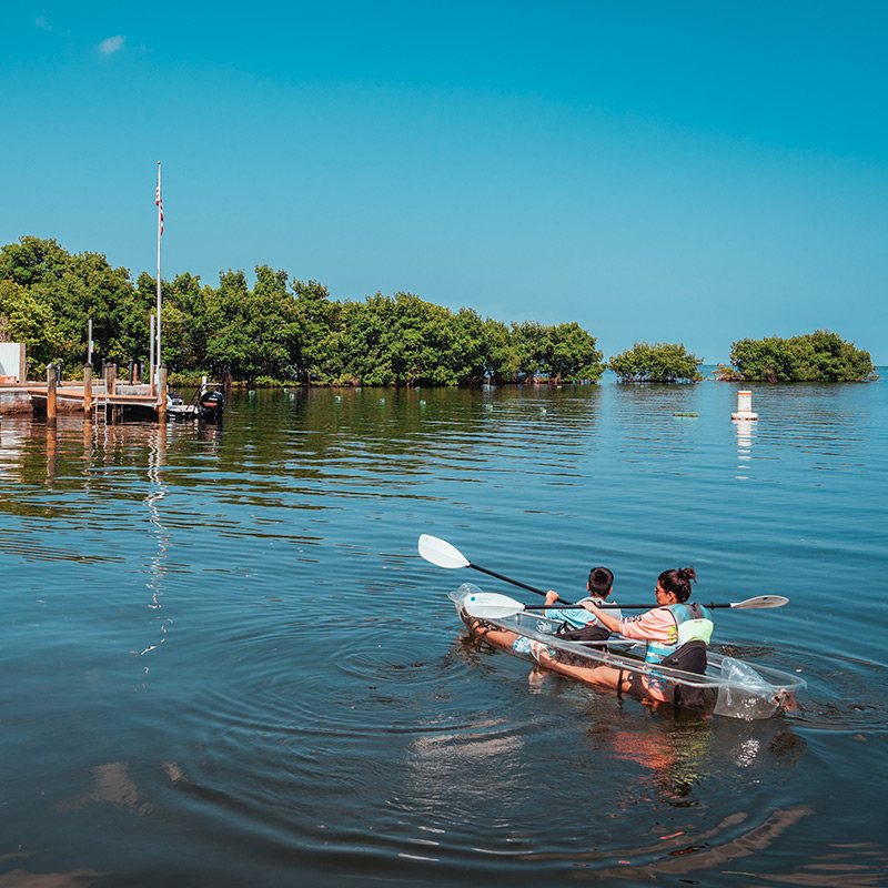 Two people paddling a clear-bottom kayak on the water off Key Largo, with the Snappers dock and mangroves behind.